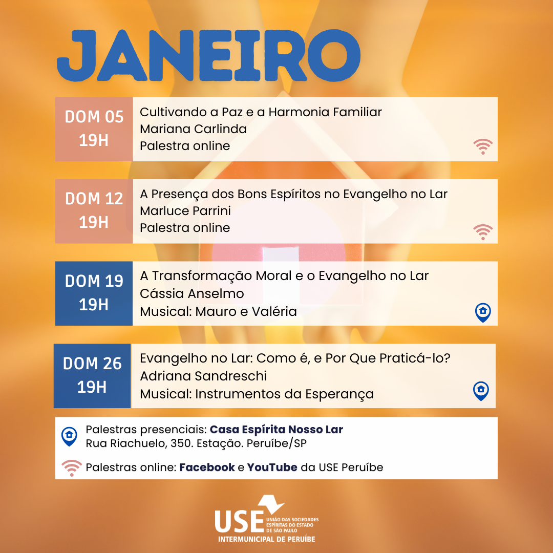 Programação de Palestras de Janeiro da USE Peruíbe: Evangelho no Lar