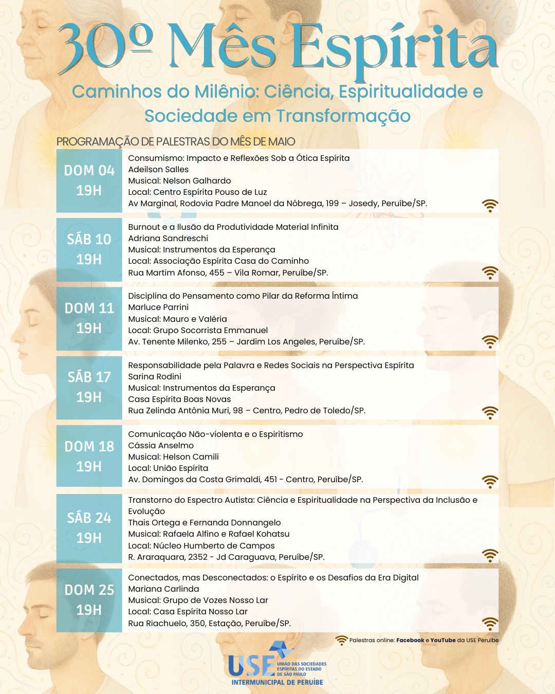 Programação de palestras de maio da USE Peruíbe: 30º Mês Espírita